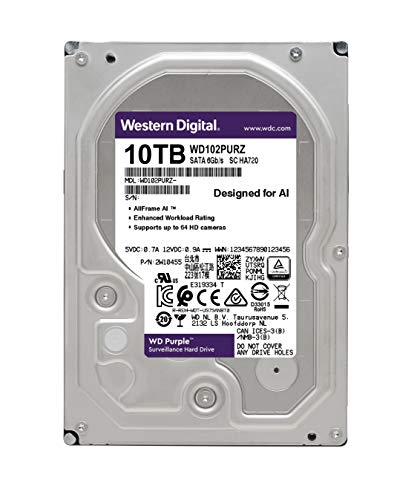 Western Digital 10TB WD Purple Surveillance Internal Hard Drive HDD - SATA 6 Gb/s, 256 MB Cache, 3.5" - WD102PURZ